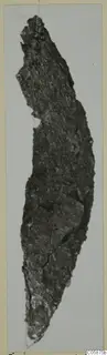 Corroded iron knife from Idalion, shown upright on a card mount against a pale background.
