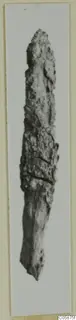 Corroded iron object, long and pointed at the upper end, shown upright on a pale mount.