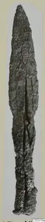 Long corroded iron blade with a pointed tip, shown upright on a mounted card.