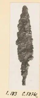 Corroded iron arrowhead with a long tapering tang, photographed upright on a mounted card.