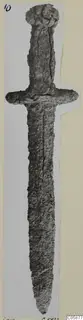 Iron sword with a rounded pommel, cross-guard and long tapering blade, its surface corroded.