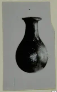 Blown glass vase with a flared rim, long neck and rounded body, shown against a light background
