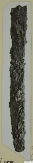 Long, narrow corroded iron object with a rough, encrusted surface, shown on a pale card mount