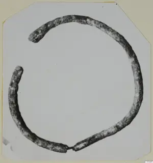 Bronze bracelet, a plain open ring of rounded section, shown alone on a pale card