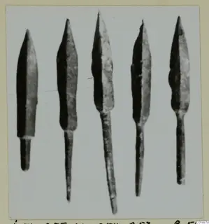 Five bronze weapon heads with leaf-shaped blades and tangs, from the Idalion series