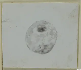 Small round lead bead with a dark hole near the top, photographed on a white card.