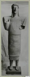 Terracotta standing figure with a band of rounded curls on the head, arms broken, set on a rectangular base