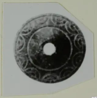 Flat disc-shaped piece of jewellery with a central hole and spiral decoration around its rim