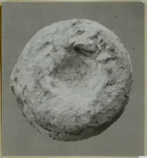 Round lead object with a broad rim and a shallow central hollow