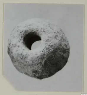 Small rounded object with a large hole through its centre, shown in close view on a mounted print