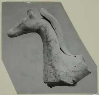 Terracotta animal head and neck fragment from Idalion, shown on a grey card