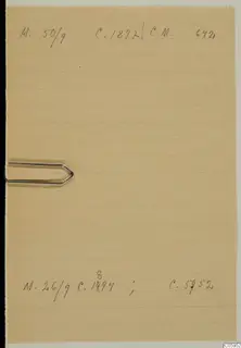 Buff lined card with handwritten numbers and abbreviations at top and bottom, with a metal paper clip on the left edge
