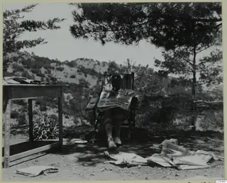 Einar Gjerstad reading newspapers in a deck chair on a terrace at Machairas.