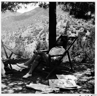 Man resting in a wooden deck chair under a pine tree, with newspapers on the ground and a steep hillside behind.