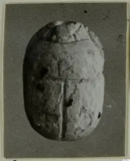 Scarab seal in stone, photographed on a grey background