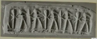 Seal impression showing a row of stylised standing figures in low relief.