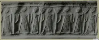 Carved seal with a row of standing figures in relief along a horizontal band.
