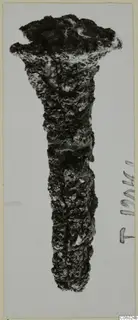 Corroded iron nail from Idalion, shown upright on a pale card mount.