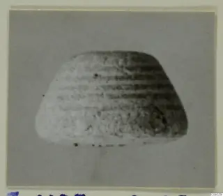 Terracotta find J.1107, a blurred photograph of a rounded object with horizontal ridges, mounted on a card