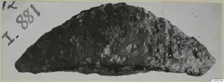 Corroded bronze fragment, curved and tapering to a point, from Idalion