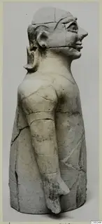 Terracotta figure from Ayia Irini, seen in profile with the head turned to the right and one arm hanging down.
