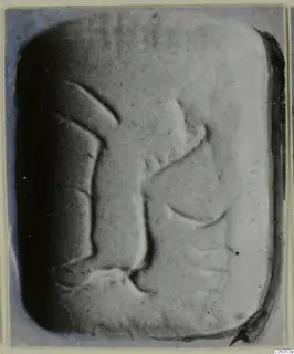 Rectangular seal or gem with rounded corners and a carved design of curved lines, shown close up.