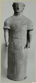 Terracotta statue of a standing figure with a cylindrical body, arms at its sides and a modelled face, Terracotta Proto-Cypriote I
