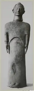 Terracotta standing figure from Ayia Irini, arms at its sides, shown full length against a plain background