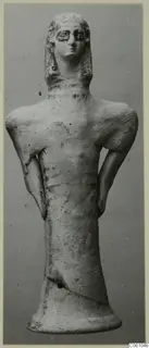 Terracotta figurine of a standing figure with arms at its sides, shown frontally against a grey background