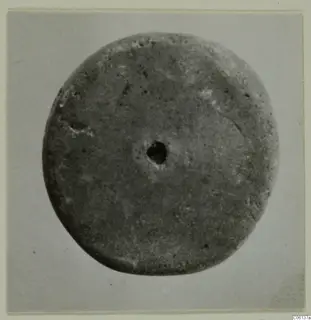 Round disc-shaped object with a central perforation, photographed face-on against a grey backdrop.