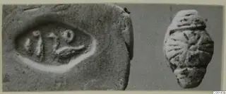 Two views of a glyptic find: an enlarged engraved seal face and a barrel-shaped object with grooved surface