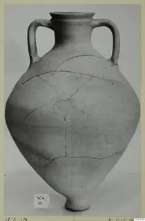 Pottery Plain White VII amphora with two handles, a pointed base and mended cracks across the body