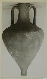 Pottery Plain White VII amphora with two handles, a narrow neck and a pointed base.