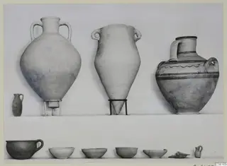 Pottery from Vouni Tomb 6 and Tomb 12: jars, a jug, bowls and a cup set out in two rows