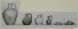 Row of pottery from Vouni Tombs 6 and 12: jugs of decreasing size and two broken bowls