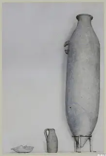 Three pottery objects from Tomb 4 at Vouni: a tall narrow vessel, a small jug and a shallow fragment.