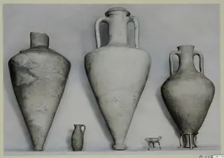 Pottery vessels from Vouni Tomb 9: two two-handled amphoras, a tall jar, a small jug and a small bowl on legs