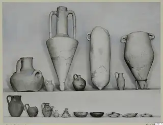 Pottery vessels from Vouni, Tomb 11, set out in two rows on a pale surface against a plain backdrop.