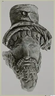 Terracotta head of a bearded figure wearing a tall cylindrical headdress, broken at the neck and left side