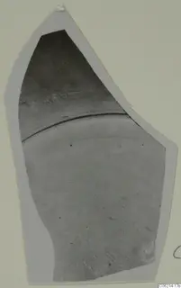 Pottery sherd with a raised ridge across its middle, shown on a light card mount; Roman Wares I-III