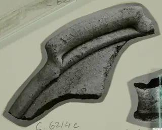 Pottery sherd with a thick curved ridge and a parallel raised band, photographed on a mounted card