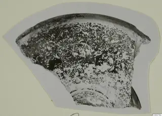 Curved pottery sherd with a dark rim band and speckled surface, photographed on a grey card mount