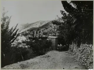 Unpaved track between a dry-stone wall and trees, with a stone building and hillside at Machairas, Troodos