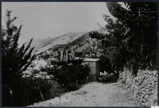 Unpaved track between stone walls leading toward a small stone building and a wooded hillside at Machairas, Troodos.