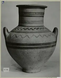 White Painted VI two-handled vessel with dark painted bands, a row of leaf motifs and a wavy line