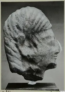 Limestone head from Kition, shown in profile facing right, on a dark wooden stand