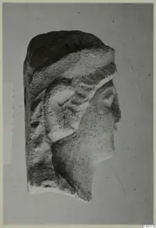 Fragment of a limestone head in profile, facing right, photographed on a plain grey backdrop