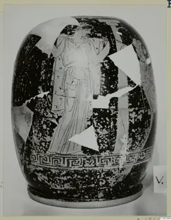 Reconstructed Red Figured Ware vessel with a standing figure in a long robe and a band of key pattern below