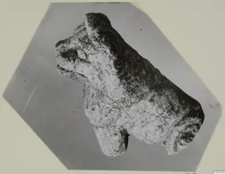 Limestone figurine of a four-legged animal from Vouni, shown in side profile against a grey backdrop