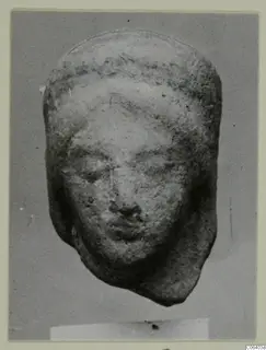Terracotta head of a figure from Vouni, shown frontally against a plain grey backdrop